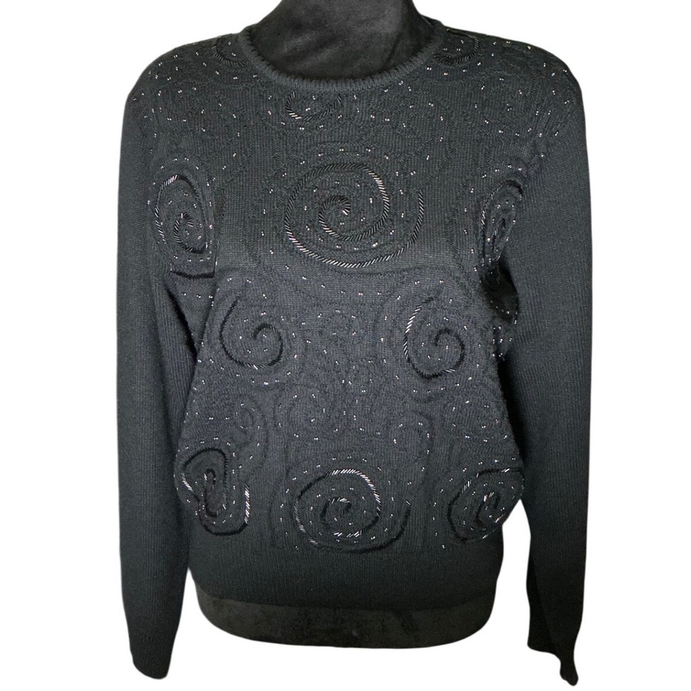CLAIBORNE 90s Vintage Black Beaded Swirl Sweater‎ Wool Blend Long Pullover Small
